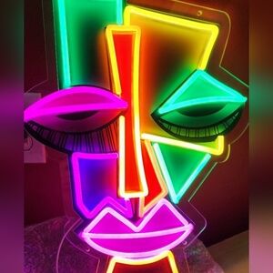 LARGE -Approximately 18" × 14" - Neon Sign Abstract Tiki Face Acrylic LED